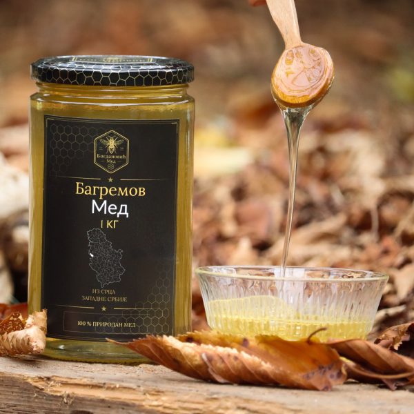 Bagremov med 1 kg — tegla uz kašiku i posudu sa medom, Med Bogdanović
