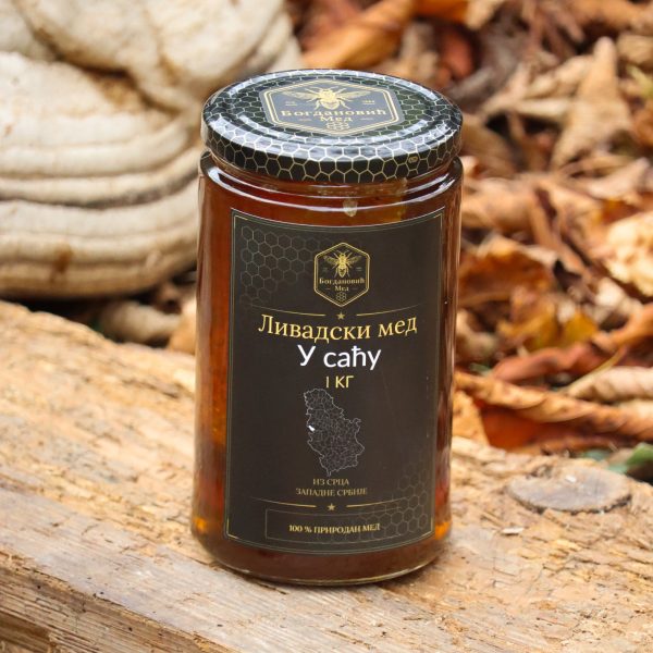 Livadski med u saću 1 kg — pogled odozgo na teglu, Med Bogdanović