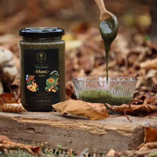 Pulmo Mix 420 g — tegla uz kašiku i posudu sa medom, Med Bogdanović