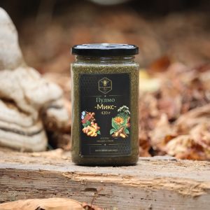 Pulmo Mix 420 g — prednja strana tegle iz nižeg ugla, Med Bogdanović