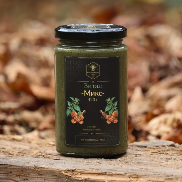 Vital Mix 420 g — prednja strana tegle, Med Bogdanović Vital Mix 420 g — prednja strana tegle, Med Bogdanović